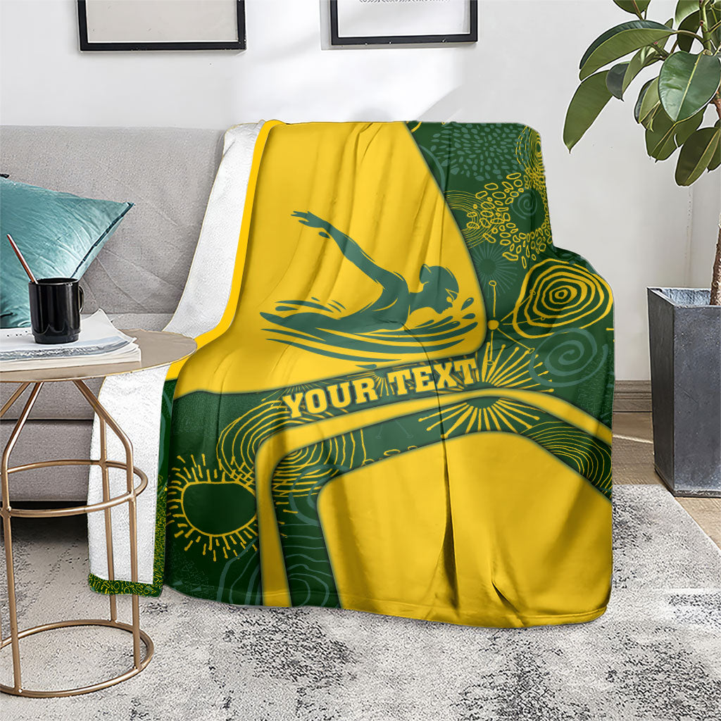 Personalized Australia Swimming Athlete Blanket Bold Swimmer Silhouette With Indigenous Pattern Accents
