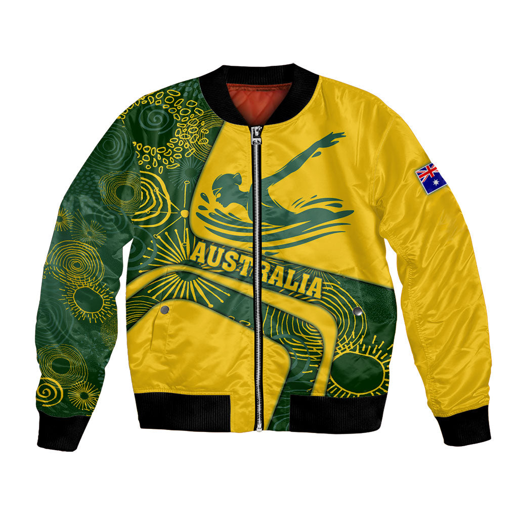 Personalized Australia Swimming Athlete Bomber Jacket Bold Swimmer Silhouette With Indigenous Pattern Accents