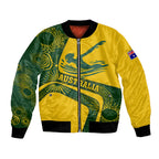Personalized Australia Swimming Athlete Bomber Jacket Bold Swimmer Silhouette With Indigenous Pattern Accents
