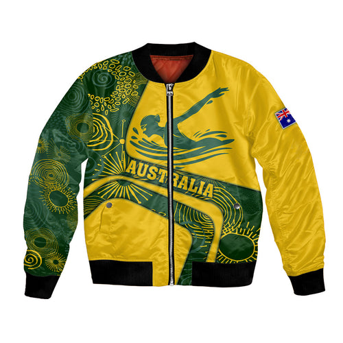 Personalized Australia Swimming Athlete Bomber Jacket Bold Swimmer Silhouette With Indigenous Pattern Accents