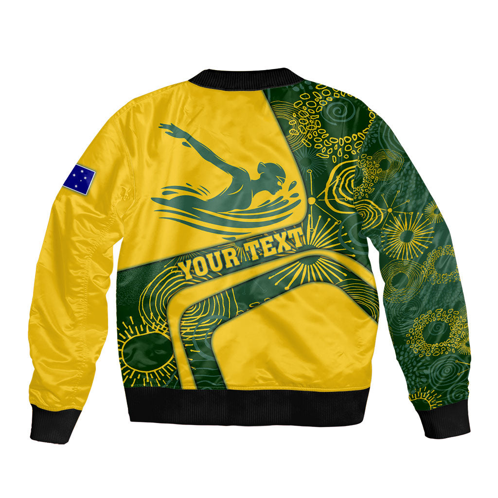 Personalized Australia Swimming Athlete Bomber Jacket Bold Swimmer Silhouette With Indigenous Pattern Accents