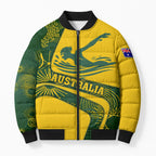 Personalized Australia Swimming Athlete Bomber Puffer Jacket Bold Swimmer Silhouette With Indigenous Pattern Accents
