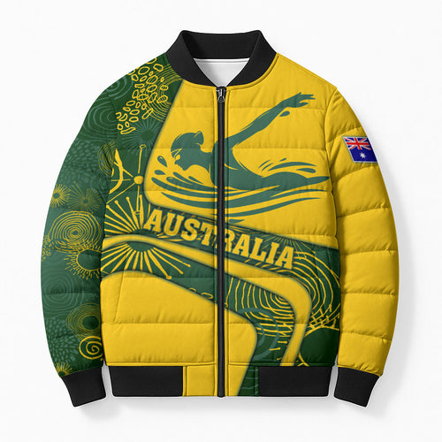 Personalized Australia Swimming Athlete Bomber Puffer Jacket Bold Swimmer Silhouette With Indigenous Pattern Accents
