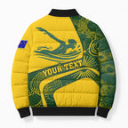 Personalized Australia Swimming Athlete Bomber Puffer Jacket Bold Swimmer Silhouette With Indigenous Pattern Accents
