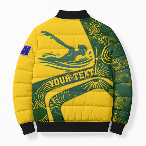 Personalized Australia Swimming Athlete Bomber Puffer Jacket Bold Swimmer Silhouette With Indigenous Pattern Accents