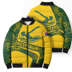 Personalized Australia Swimming Athlete Bomber Puffer Jacket Bold Swimmer Silhouette With Indigenous Pattern Accents