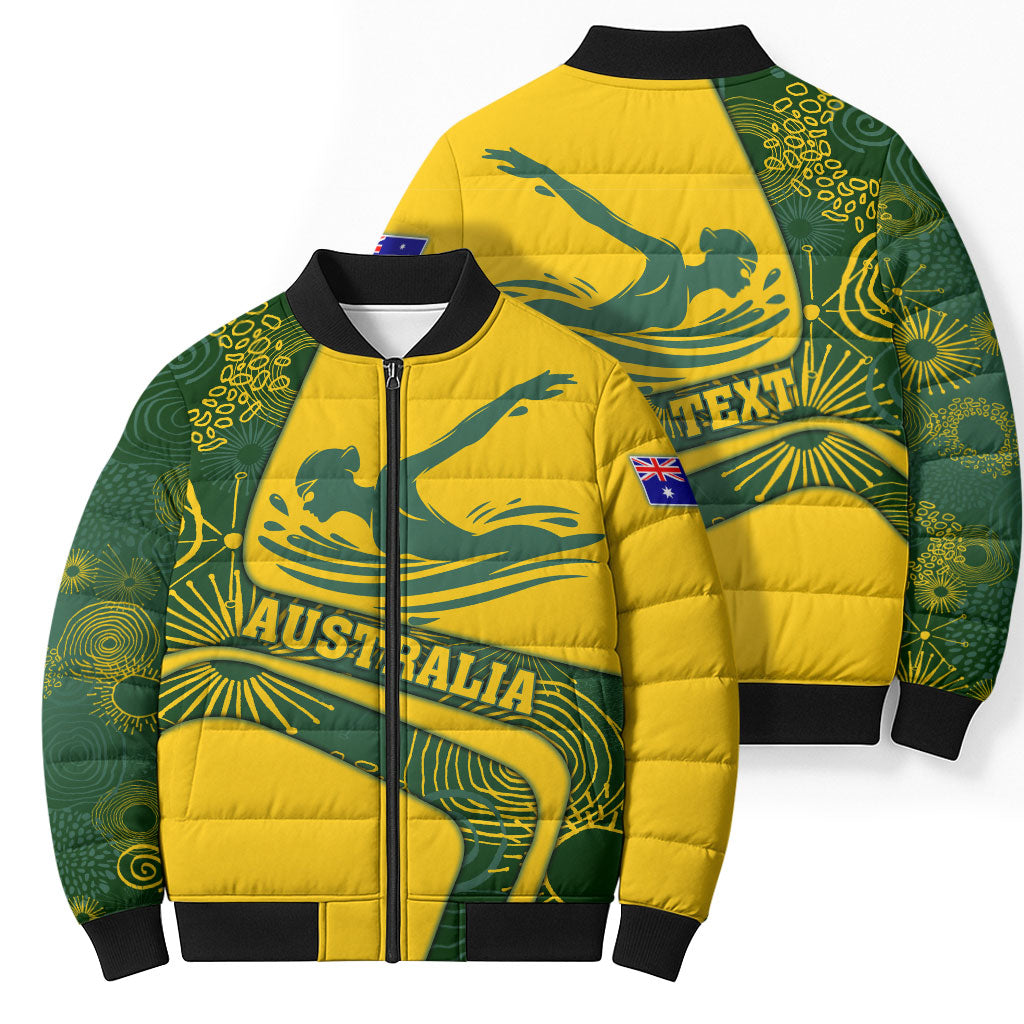 Personalized Australia Swimming Athlete Bomber Puffer Jacket Bold Swimmer Silhouette With Indigenous Pattern Accents