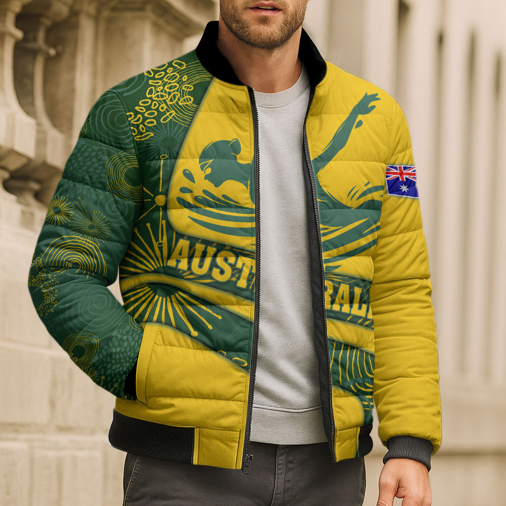 Personalized Australia Swimming Athlete Bomber Puffer Jacket Bold Swimmer Silhouette With Indigenous Pattern Accents
