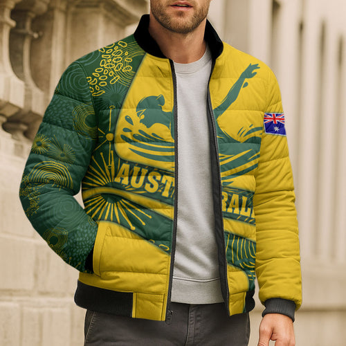Personalized Australia Swimming Athlete Bomber Puffer Jacket Bold Swimmer Silhouette With Indigenous Pattern Accents