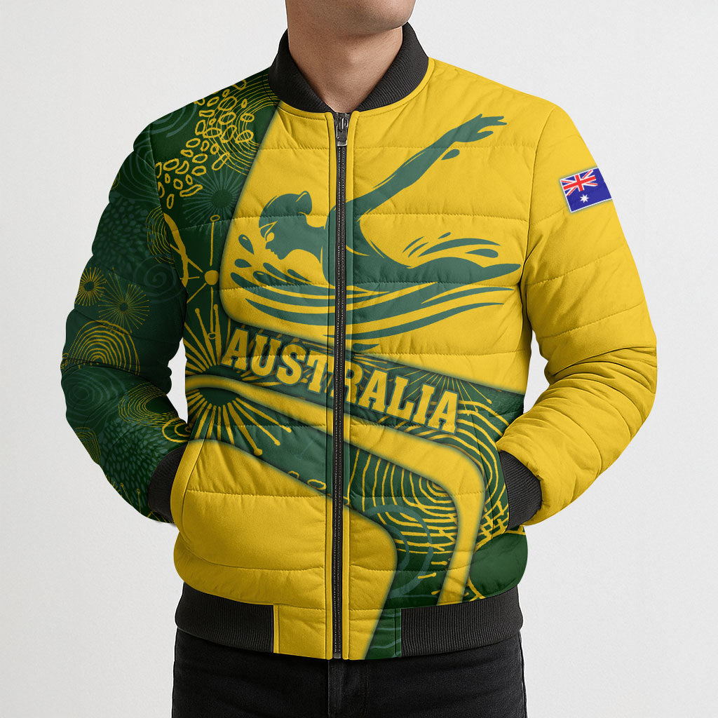 Personalized Australia Swimming Athlete Bomber Puffer Jacket Bold Swimmer Silhouette With Indigenous Pattern Accents