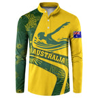 Personalized Australia Swimming Athlete Button Sweatshirt Bold Swimmer Silhouette With Indigenous Pattern Accents