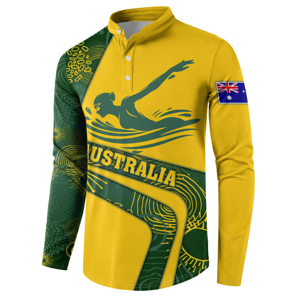Personalized Australia Swimming Athlete Button Sweatshirt Bold Swimmer Silhouette With Indigenous Pattern Accents