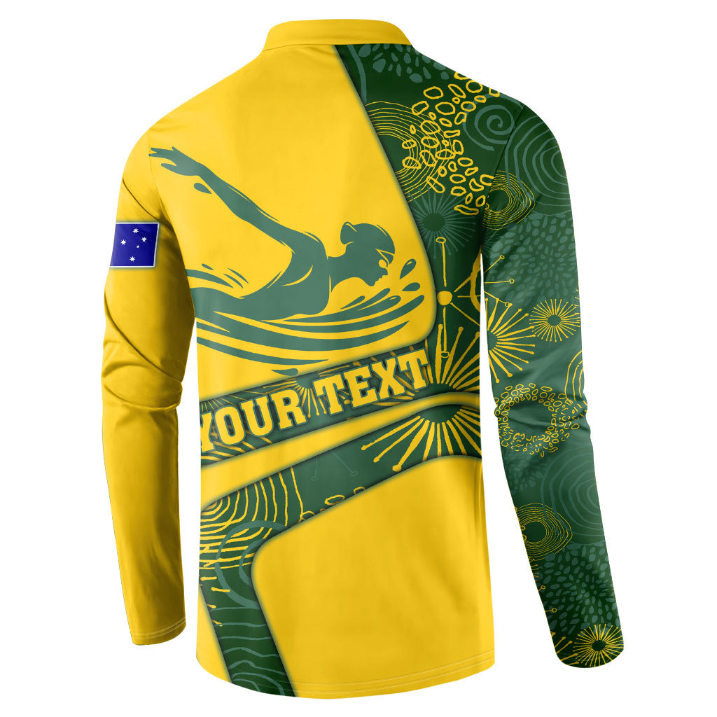 Personalized Australia Swimming Athlete Button Sweatshirt Bold Swimmer Silhouette With Indigenous Pattern Accents