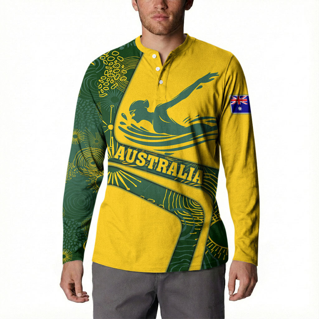 Personalized Australia Swimming Athlete Button Sweatshirt Bold Swimmer Silhouette With Indigenous Pattern Accents