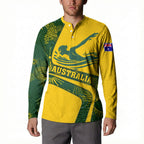 Personalized Australia Swimming Athlete Button Sweatshirt Bold Swimmer Silhouette With Indigenous Pattern Accents