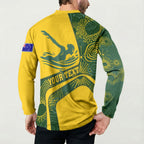 Personalized Australia Swimming Athlete Button Sweatshirt Bold Swimmer Silhouette With Indigenous Pattern Accents