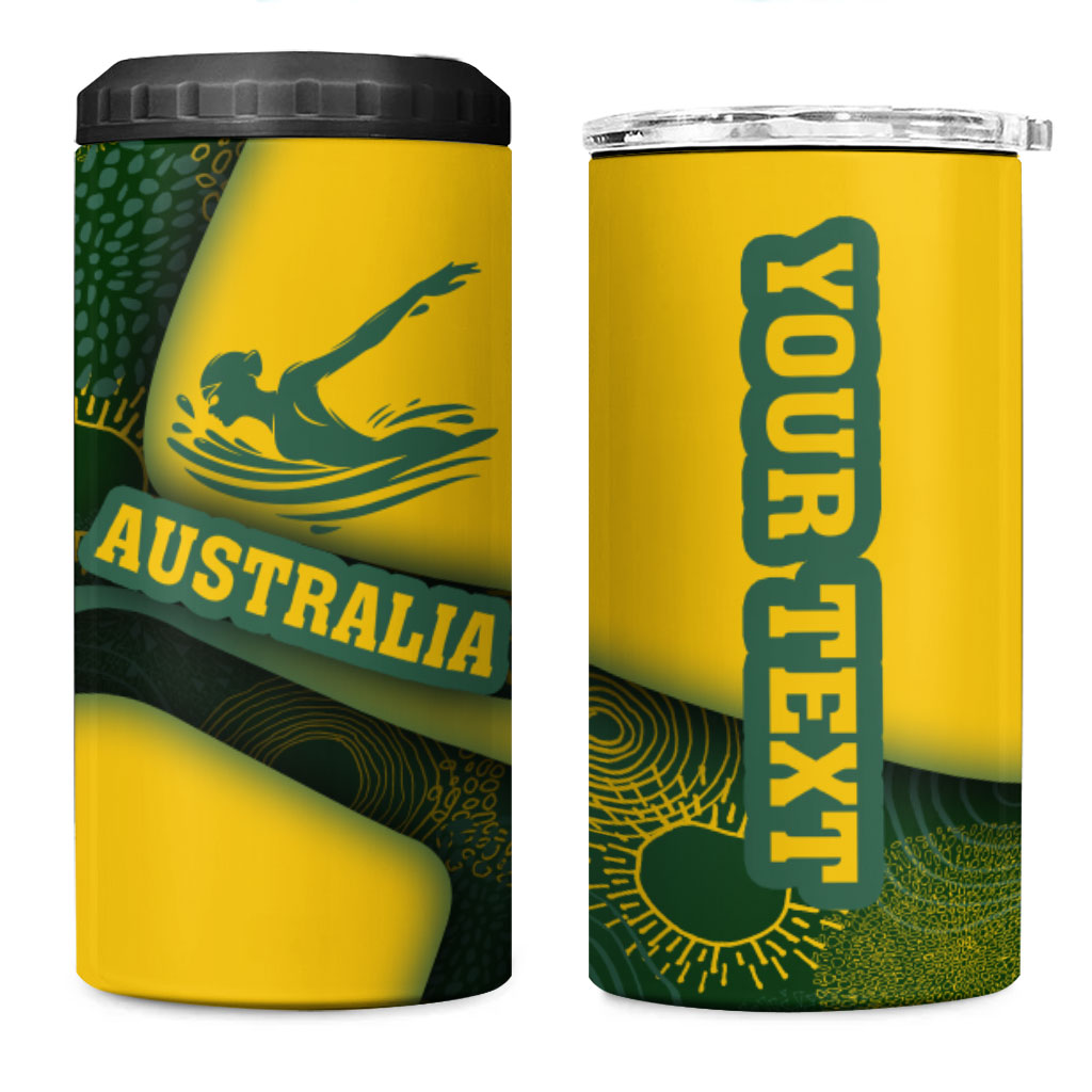 Personalized Australia Swimming Athlete 4 in 1 Can Cooler Tumbler Bold Swimmer Silhouette With Indigenous Pattern Accents