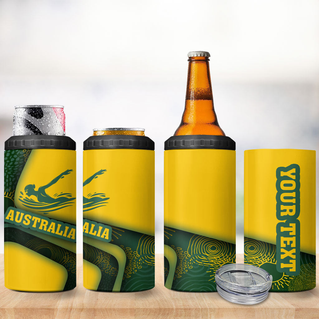 Personalized Australia Swimming Athlete 4 in 1 Can Cooler Tumbler Bold Swimmer Silhouette With Indigenous Pattern Accents