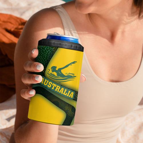 Personalized Australia Swimming Athlete 4 in 1 Can Cooler Tumbler Bold Swimmer Silhouette With Indigenous Pattern Accents