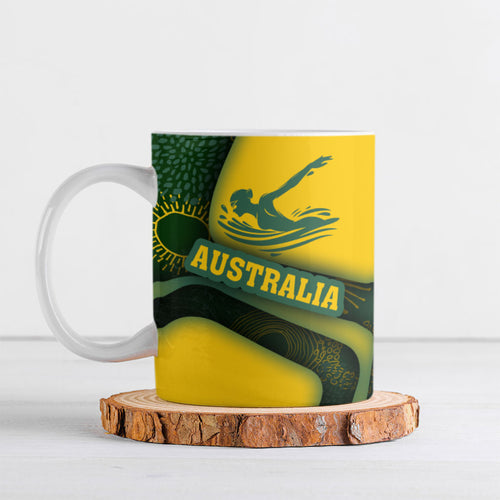Personalized Australia Swimming Athlete Ceramic Mug Bold Swimmer Silhouette With Indigenous Pattern Accents