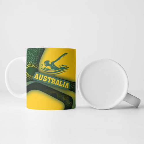 Personalized Australia Swimming Athlete Ceramic Mug Bold Swimmer Silhouette With Indigenous Pattern Accents