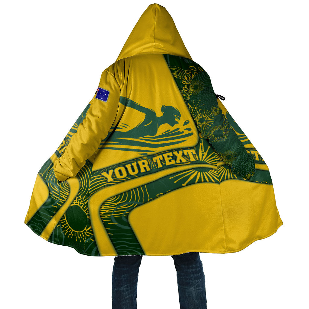 Personalized Australia Swimming Athlete Cloak Bold Swimmer Silhouette With Indigenous Pattern Accents