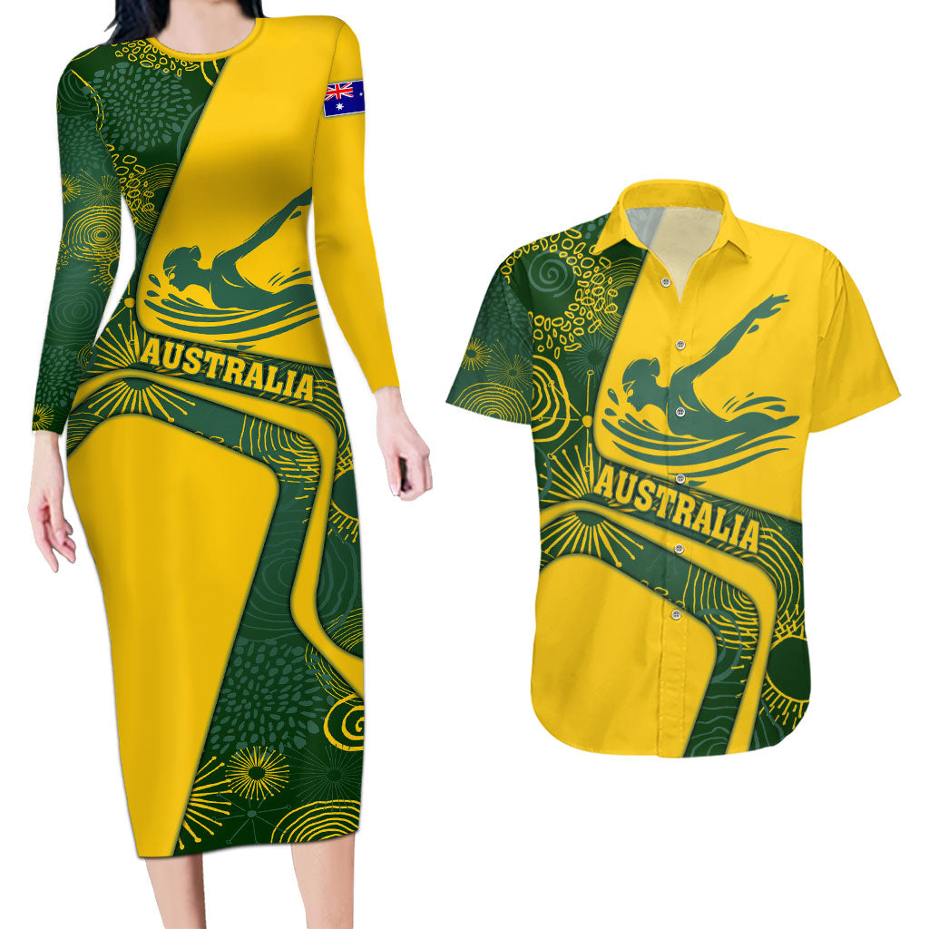 Personalized Australia Swimming Athlete Couples Matching Long Sleeve Bodycon Dress and Hawaiian Shirt Bold Swimmer Silhouette With Indigenous Pattern Accents