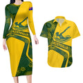 Personalized Australia Swimming Athlete Couples Matching Long Sleeve Bodycon Dress and Hawaiian Shirt Bold Swimmer Silhouette With Indigenous Pattern Accents