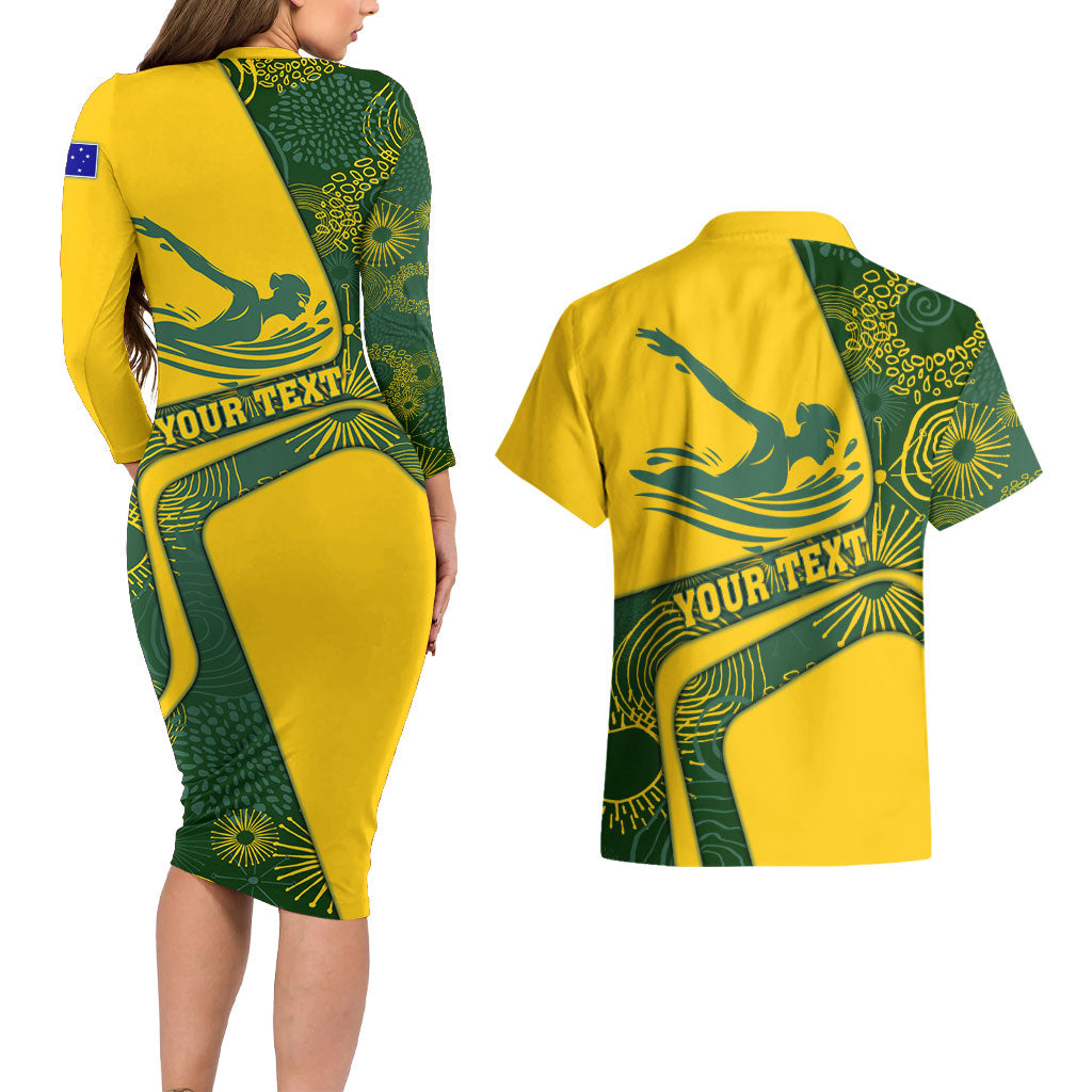 Personalized Australia Swimming Athlete Couples Matching Long Sleeve Bodycon Dress and Hawaiian Shirt Bold Swimmer Silhouette With Indigenous Pattern Accents