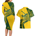 Personalized Australia Swimming Athlete Couples Matching Long Sleeve Bodycon Dress and Hawaiian Shirt Bold Swimmer Silhouette With Indigenous Pattern Accents