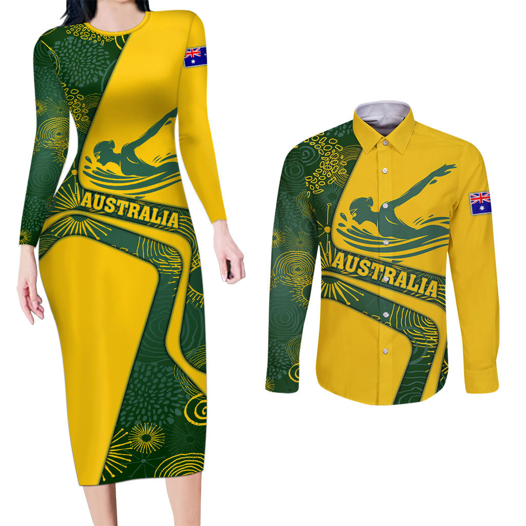 Personalized Australia Swimming Athlete Couples Matching Long Sleeve Bodycon Dress and Long Sleeve Button Shirt Bold Swimmer Silhouette With Indigenous Pattern Accents