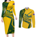 Personalized Australia Swimming Athlete Couples Matching Long Sleeve Bodycon Dress and Long Sleeve Button Shirt Bold Swimmer Silhouette With Indigenous Pattern Accents