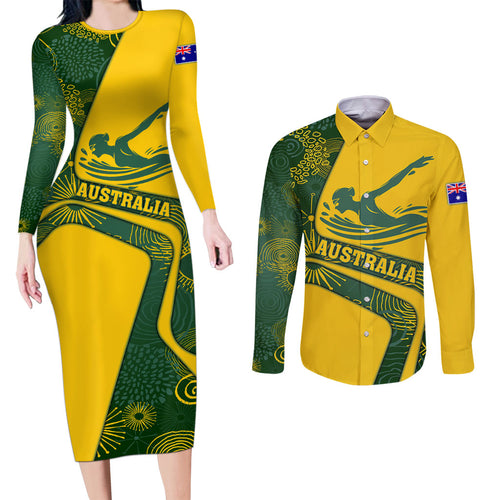 Personalized Australia Swimming Athlete Couples Matching Long Sleeve Bodycon Dress and Long Sleeve Button Shirt Bold Swimmer Silhouette With Indigenous Pattern Accents