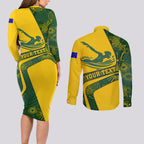 Personalized Australia Swimming Athlete Couples Matching Long Sleeve Bodycon Dress and Long Sleeve Button Shirt Bold Swimmer Silhouette With Indigenous Pattern Accents