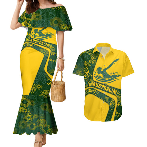 Personalized Australia Swimming Athlete Couples Matching Mermaid Dress and Hawaiian Shirt Bold Swimmer Silhouette With Indigenous Pattern Accents