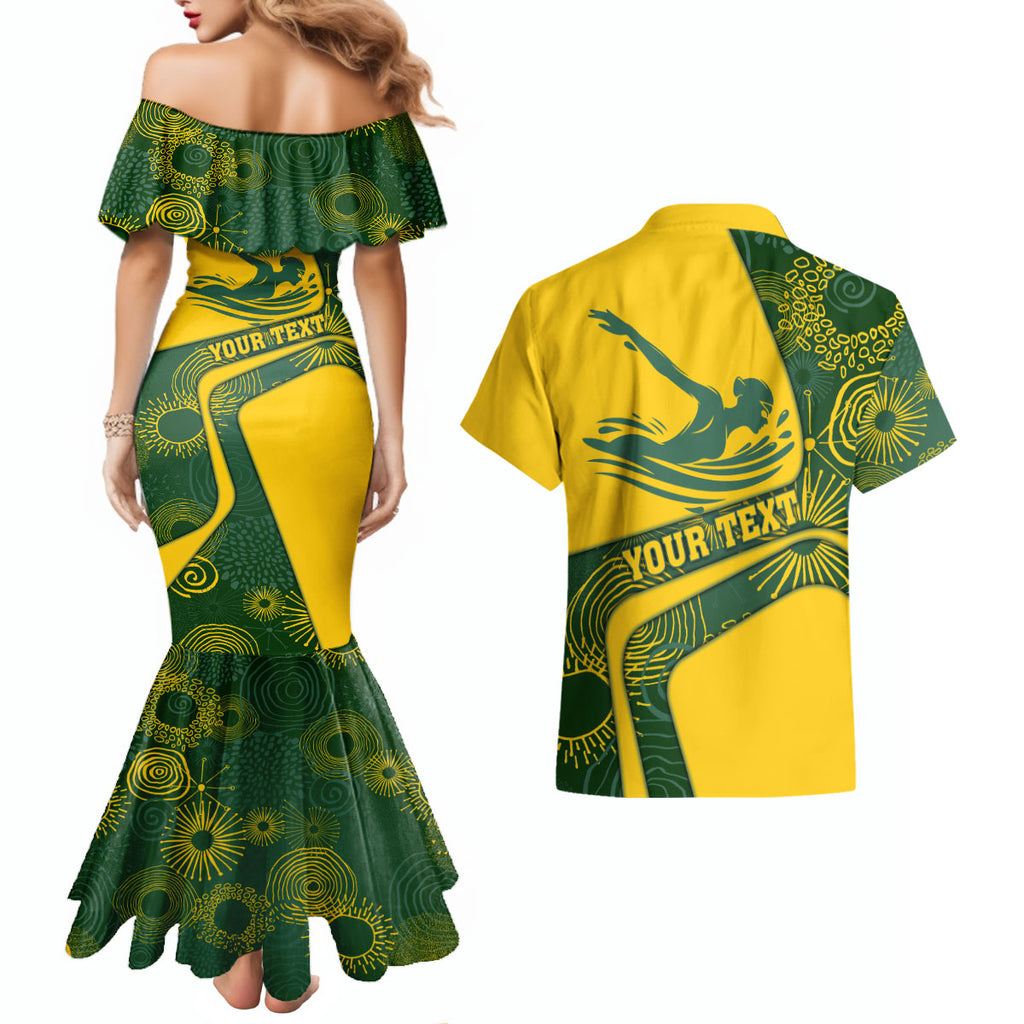 Personalized Australia Swimming Athlete Couples Matching Mermaid Dress and Hawaiian Shirt Bold Swimmer Silhouette With Indigenous Pattern Accents