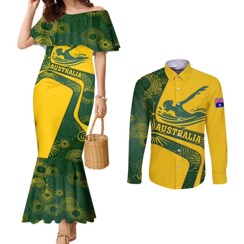 Personalized Australia Swimming Athlete Couples Matching Mermaid Dress and Long Sleeve Button Shirt Bold Swimmer Silhouette With Indigenous Pattern Accents