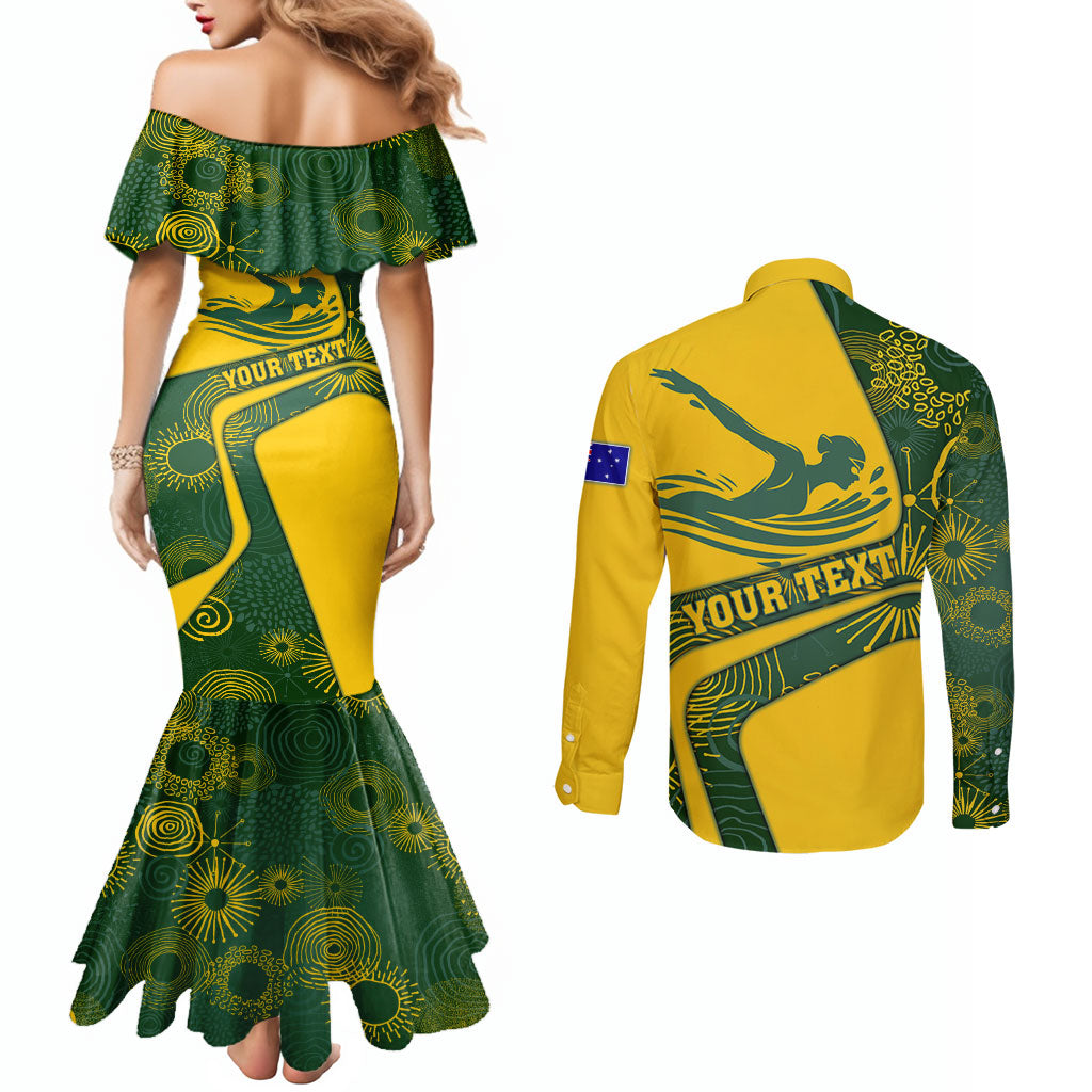 Personalized Australia Swimming Athlete Couples Matching Mermaid Dress and Long Sleeve Button Shirt Bold Swimmer Silhouette With Indigenous Pattern Accents
