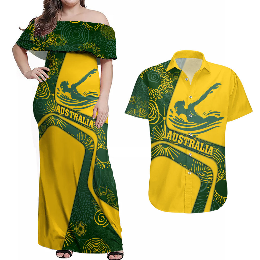 Personalized Australia Swimming Athlete Couples Matching Off Shoulder Maxi Dress and Hawaiian Shirt Bold Swimmer Silhouette With Indigenous Pattern Accents