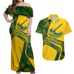 Personalized Australia Swimming Athlete Couples Matching Off Shoulder Maxi Dress and Hawaiian Shirt Bold Swimmer Silhouette With Indigenous Pattern Accents