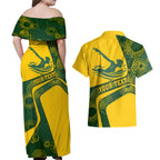 Personalized Australia Swimming Athlete Couples Matching Off Shoulder Maxi Dress and Hawaiian Shirt Bold Swimmer Silhouette With Indigenous Pattern Accents