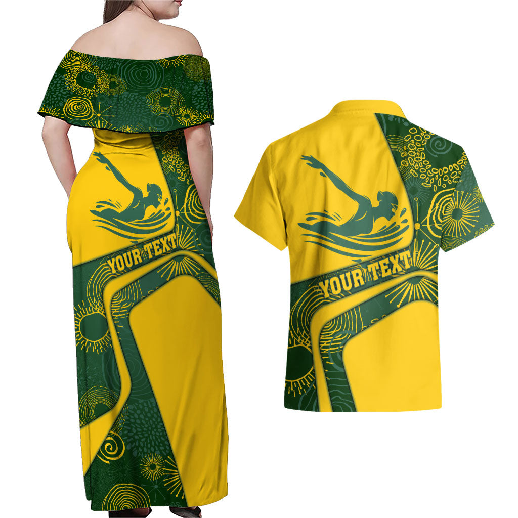Personalized Australia Swimming Athlete Couples Matching Off Shoulder Maxi Dress and Hawaiian Shirt Bold Swimmer Silhouette With Indigenous Pattern Accents