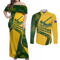Personalized Australia Swimming Athlete Couples Matching Off Shoulder Maxi Dress and Long Sleeve Button Shirt Bold Swimmer Silhouette With Indigenous Pattern Accents