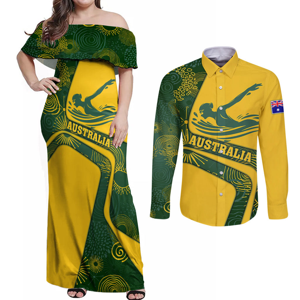 Personalized Australia Swimming Athlete Couples Matching Off Shoulder Maxi Dress and Long Sleeve Button Shirt Bold Swimmer Silhouette With Indigenous Pattern Accents