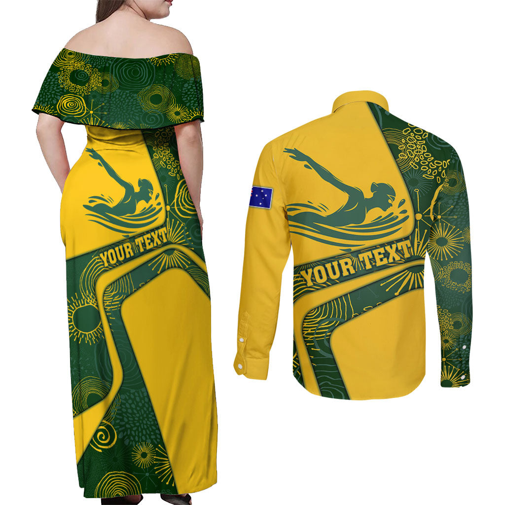 Personalized Australia Swimming Athlete Couples Matching Off Shoulder Maxi Dress and Long Sleeve Button Shirt Bold Swimmer Silhouette With Indigenous Pattern Accents