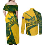 Personalized Australia Swimming Athlete Couples Matching Off Shoulder Maxi Dress and Long Sleeve Button Shirt Bold Swimmer Silhouette With Indigenous Pattern Accents