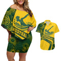 Personalized Australia Swimming Athlete Couples Matching Off Shoulder Short Dress and Hawaiian Shirt Bold Swimmer Silhouette With Indigenous Pattern Accents