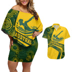 Personalized Australia Swimming Athlete Couples Matching Off Shoulder Short Dress and Hawaiian Shirt Bold Swimmer Silhouette With Indigenous Pattern Accents
