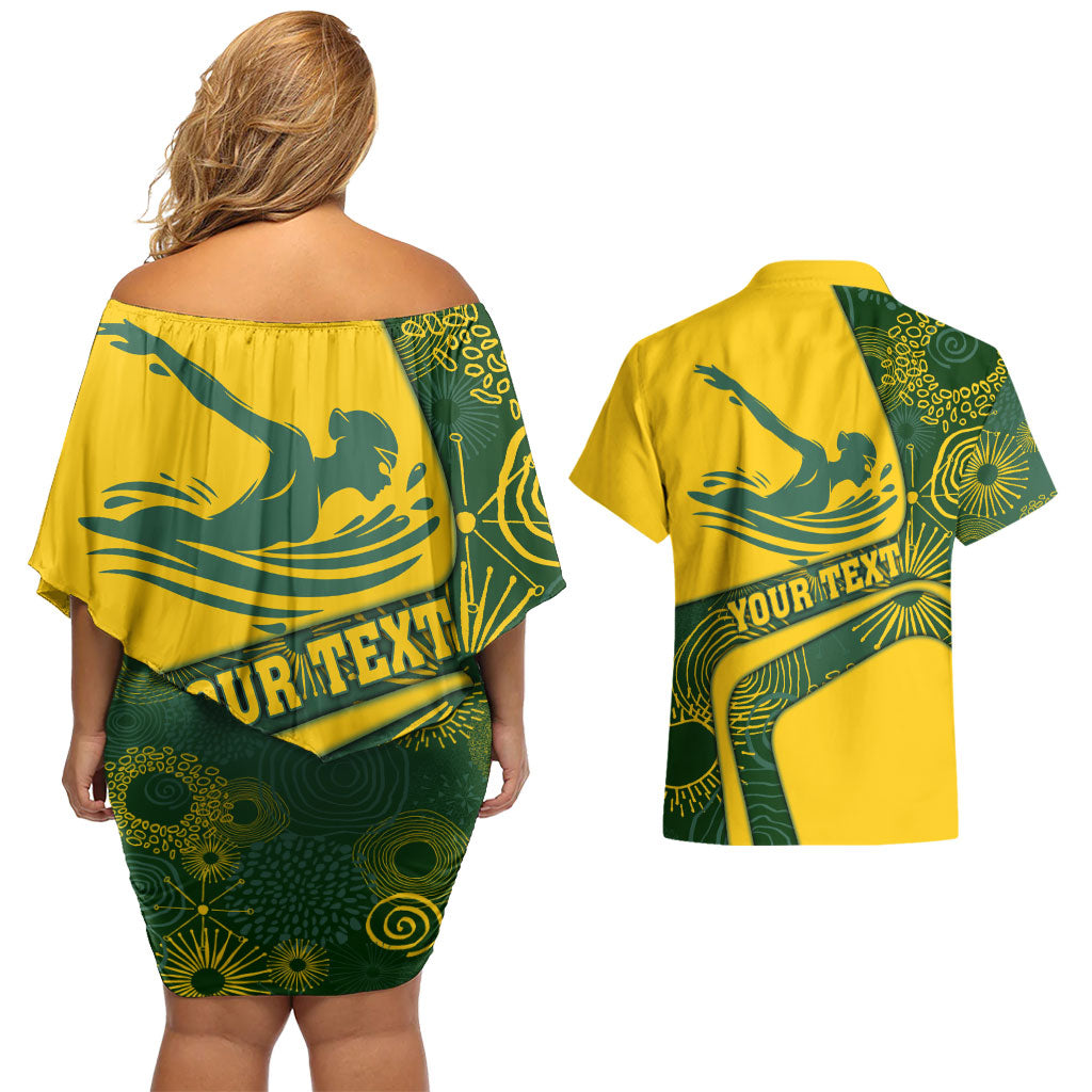 Personalized Australia Swimming Athlete Couples Matching Off Shoulder Short Dress and Hawaiian Shirt Bold Swimmer Silhouette With Indigenous Pattern Accents