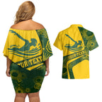 Personalized Australia Swimming Athlete Couples Matching Off Shoulder Short Dress and Hawaiian Shirt Bold Swimmer Silhouette With Indigenous Pattern Accents